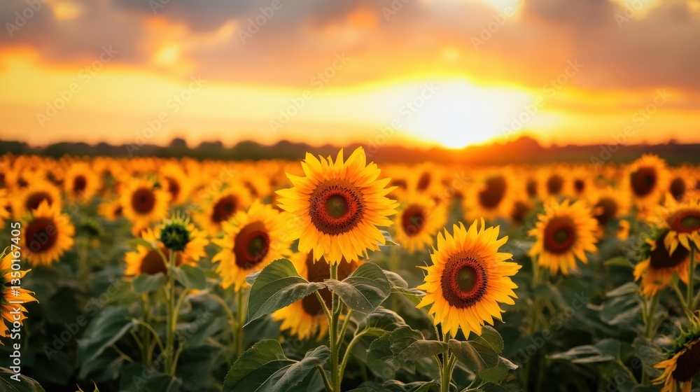 Fototapeta premium A beautiful field of sunflowers at a sunset landscape