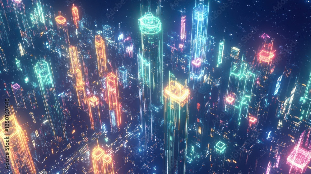 Futuristic neon city skyline aerial view, vibrant digital art, possible use for wallpaper or background Futuristic neon city skyline aerial view, vibrant digital art, possible use for wallpaper or background