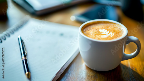 Coffee break and creative work: Mug of latte art near notebook and pen. Perfect for a productive, inspiring work session.