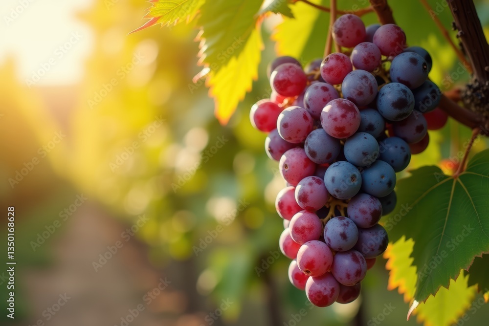 Fototapeta premium Close-up of ripe purple and red grapes on the vine in a sunlit vineyard, with lush green leaves and warm golden light, symbolizing harvest, agriculture, and winemaking