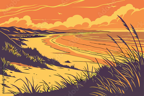 9 Breathtaking coastal sunset, golden hour, vibrant orange sky, dramatic clouds, sandy beach, sea grass in foreground, gentle waves, reflective wet sand, tranquil ocean, serene atmosphere, long exposu