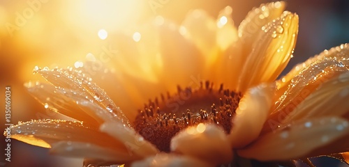 Water droplets on sunflower petals in soft golden light