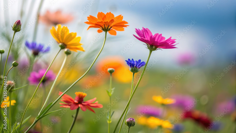 Colorful wildflowers sway gently in breeze, creating cheerful and lively atmosphere in natural setting Colorful wildflowers sway gently in breeze, creating cheerful and lively atmosphere in natural setting
