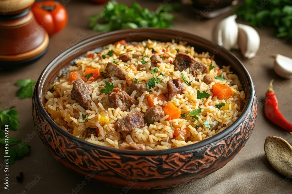 Hearty Beef and Rice Pilaf in Traditional Bowl, with Vegetables and Spices Hearty Beef and Rice Pilaf in Traditional Bowl, with Vegetables and Spices