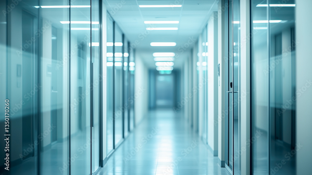 Fototapeta premium A clean, modern office hallway with glass walls reflects light from overhead fixtures, creating a bright, professional atmosphere.