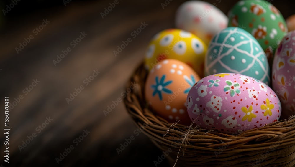Fototapeta premium Colorful easter eggs in woven basket on wooden table with floral decorations perfect for spring holiday celebration