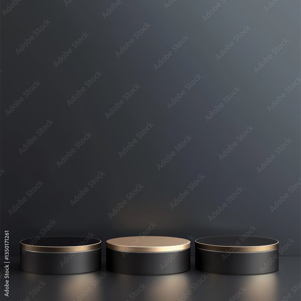 Three luxurious black podiums with gold trim are arranged in a row, from smallest to largest, set against a dark backdrop. Three luxurious black podiums with gold trim are arranged in a row, from smallest to largest, set against a dark backdrop.