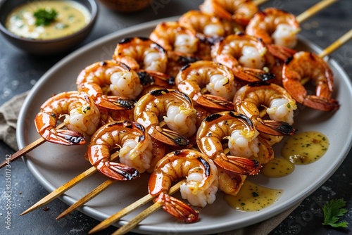 Succulent grilled shrimp skewers glistening with a zesty sauce, a delightful summer feast presented on a rustic plate with warm lighting.