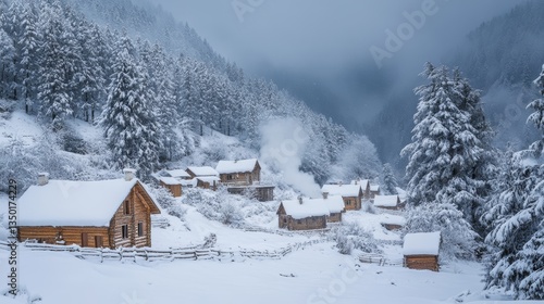 A snowy village landscape in Gusar, Azerbaijan, smoke coming out of chimneys, pine trees covered in snow, cozy wooden houses, cold and serene atmosphere, wide angle winter photography photo