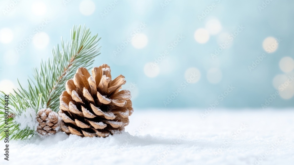 Festive winter scene with pine cone and snow Festive winter scene with pine cone and snow