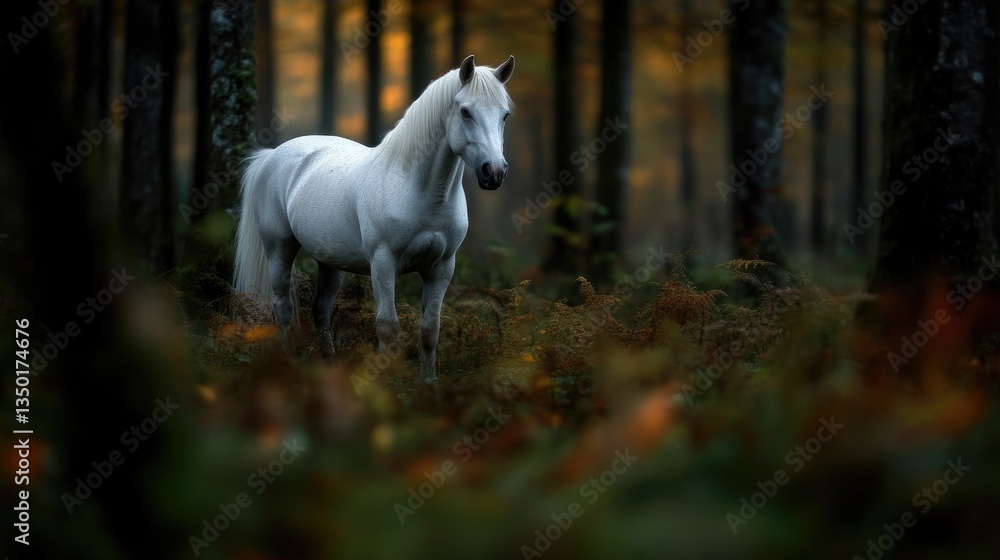 Fototapeta premium Majestic white horse in a serene autumn forest. A beautiful, solitary equine stands amidst a carpet of autumn foliage, bathed in golden light.