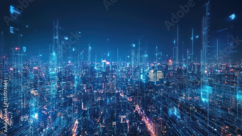 Futuristic city skyline at night with digital overlay. Possible use Stock photo for technology, innovation, or urban design concepts