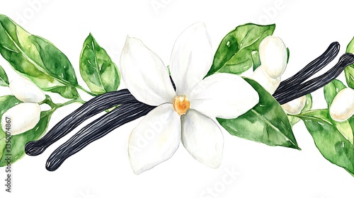 Fototapeta Naklejka Na Ścianę i Meble -  Watercolor vanilla beans and orange blossoms border.