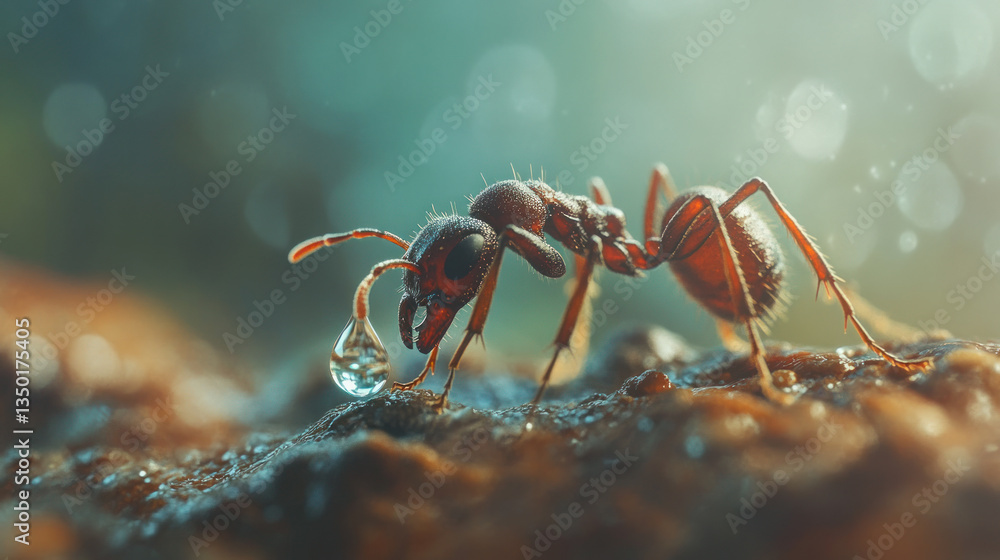 Ant drinking dew on forest floor Ant drinking dew on forest floor