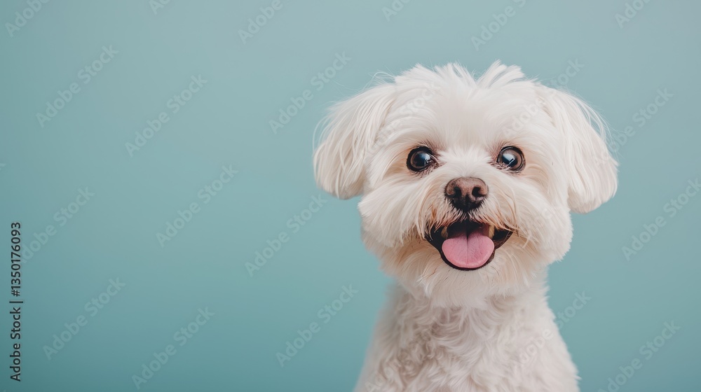 A cute white dog with a happy expression against a light blue background, showcasing its playful personality and fluffy fur. A cute white dog with a happy expression against a light blue background, showcasing its playful personality and fluffy fur.