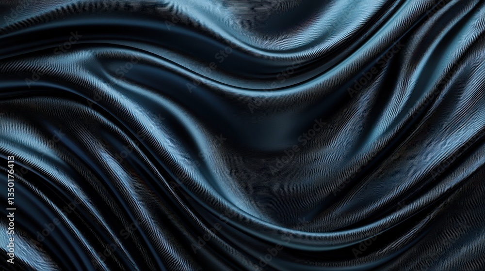 Obraz premium A close-up of luxurious, dark blue silk fabric with flowing, wavy textures that create an elegant and soft visual effect.
