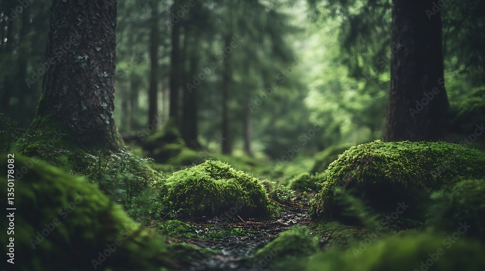 Moss-covered rocks and trees in foggy green forest Moss-covered rocks and trees in foggy green forest