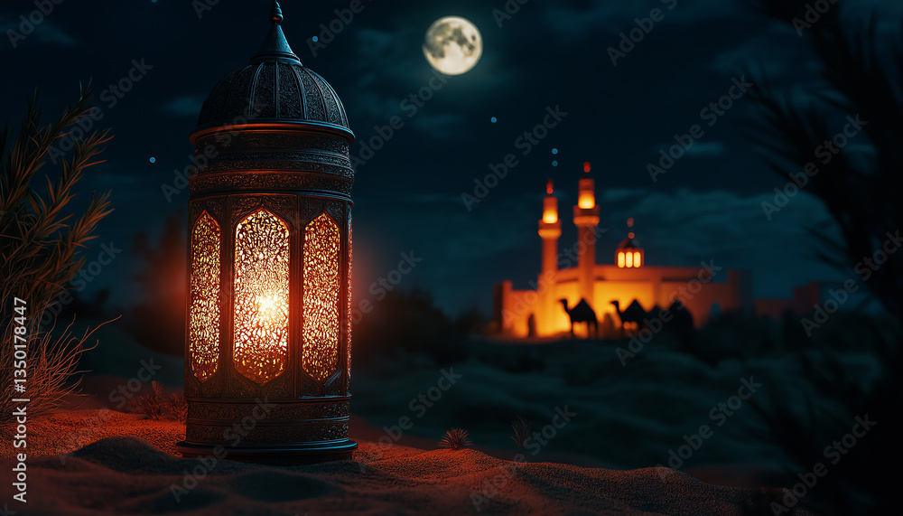 Glowing Arabian lantern with Full Moon , Eid Mubarak Theme Background Glowing Arabian lantern with Full Moon , Eid Mubarak Theme Background