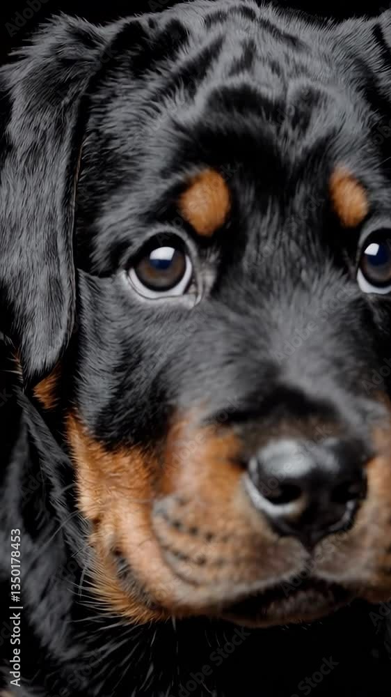 Adorable rottweiler puppy looking at camera on black background Adorable rottweiler puppy looking at camera on black background