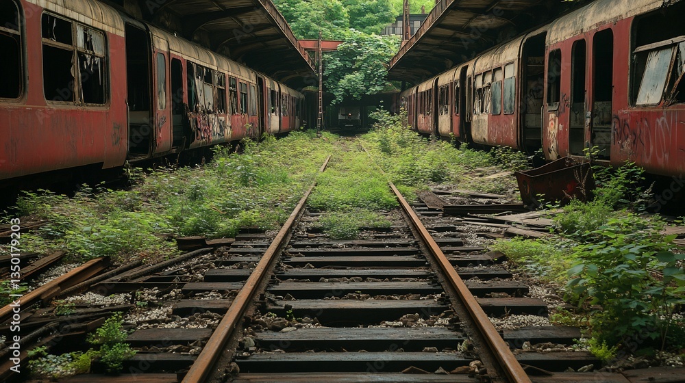 Abandoned train tracks overgrown with vegetation Abandoned train tracks overgrown with vegetation