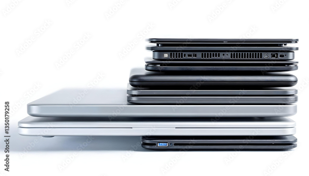 Stack of electronic devices, laptops, tablets, smartphones, modern technology, sleek design, metallic surfaces Stack of electronic devices, laptops, tablets, smartphones, modern technology, sleek design, metallic surfaces
