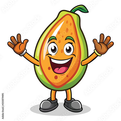 Cartoon papaya fruit character with a happy expression, waving