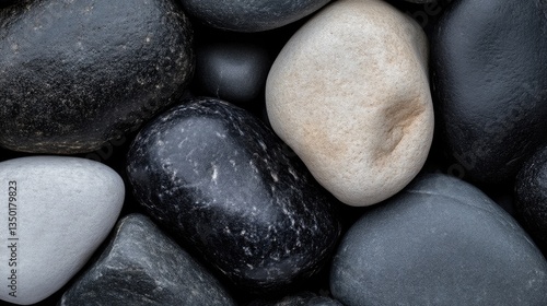 Smooth black and white river stones arranged closely together in a natural outdoor setting.