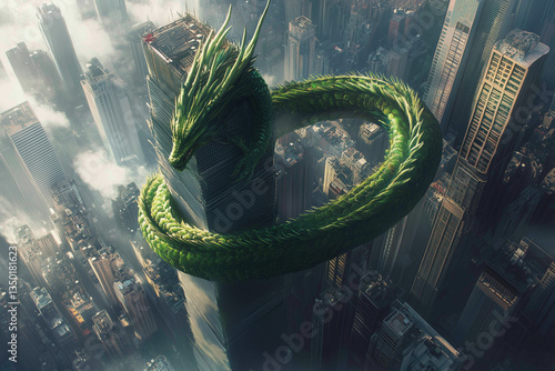 Epic massive green dragon entwines around the tallest skyscraper, merging fantasy with urban architectural brilliance