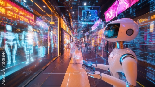 Futuristic shopping mall with AI robot and holographic displays