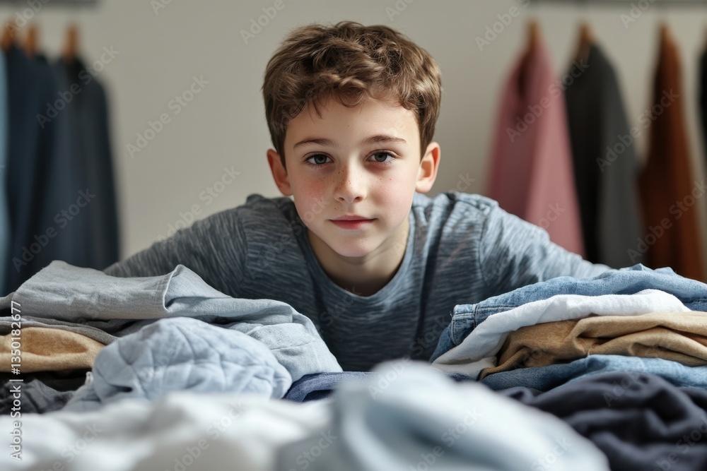 Obraz premium Boy organizing clothes on a table in a tidy room during daylight hours