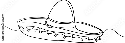 Minimalist one-line drawing of a traditional Mexican sombrero. Elegant continuous line art illustration for cultural designs, prints, and decoration