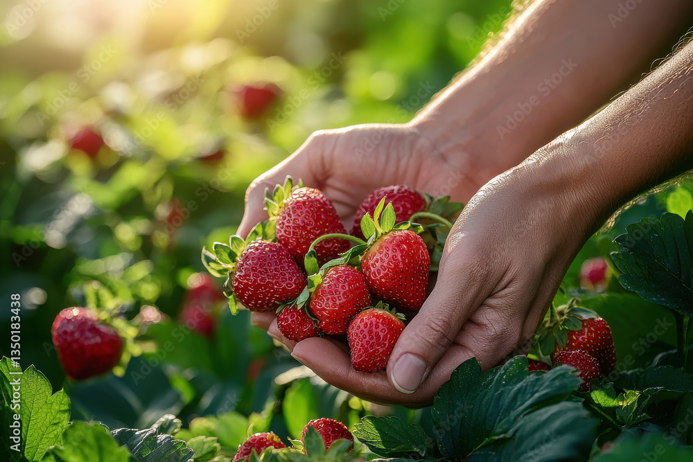 Picking strawberries in a sunlit garden during summer Picking strawberries in a sunlit garden during summer