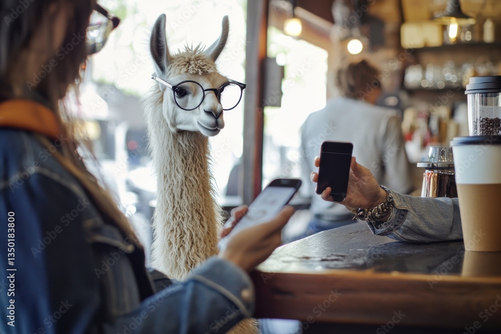 Obraz premium llama uses smartphone to pay for coffee at local cafe