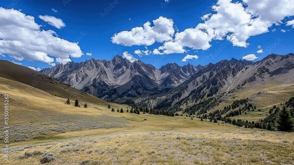 Mountain valley scenic landscape, sunny day, clouds, travel poster Mountain valley scenic landscape, sunny day, clouds, travel poster
