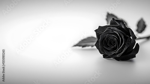 Single black rose on white background.