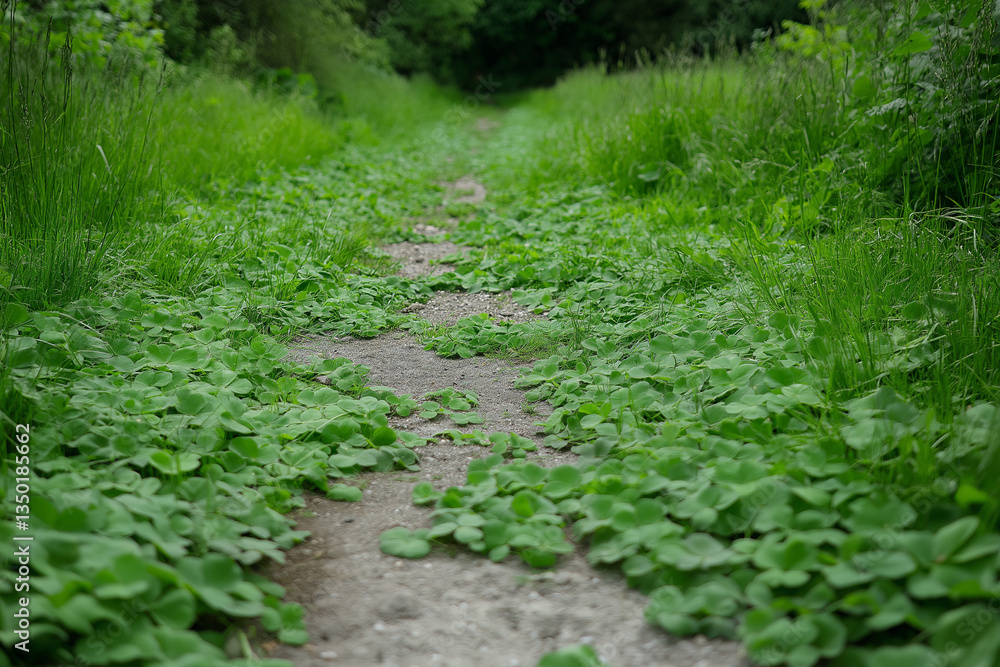 Rustic rough dirt path adorned with scattered green clover patches, inviting exploration and outdoor serenity Rustic rough dirt path adorned with scattered green clover patches, inviting exploration and outdoor serenity