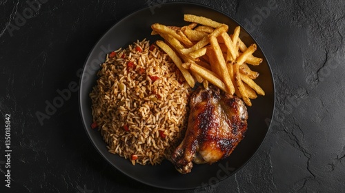 Peruvian dish on black stone table with Chaufa rice chicken and fries
