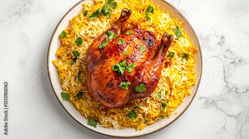 Whole red chicken on mandi rice yellow rice top view