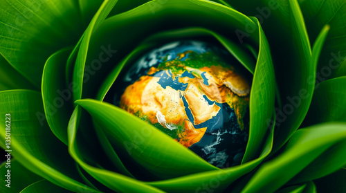 globe on green leave ideal for earth day and environment day