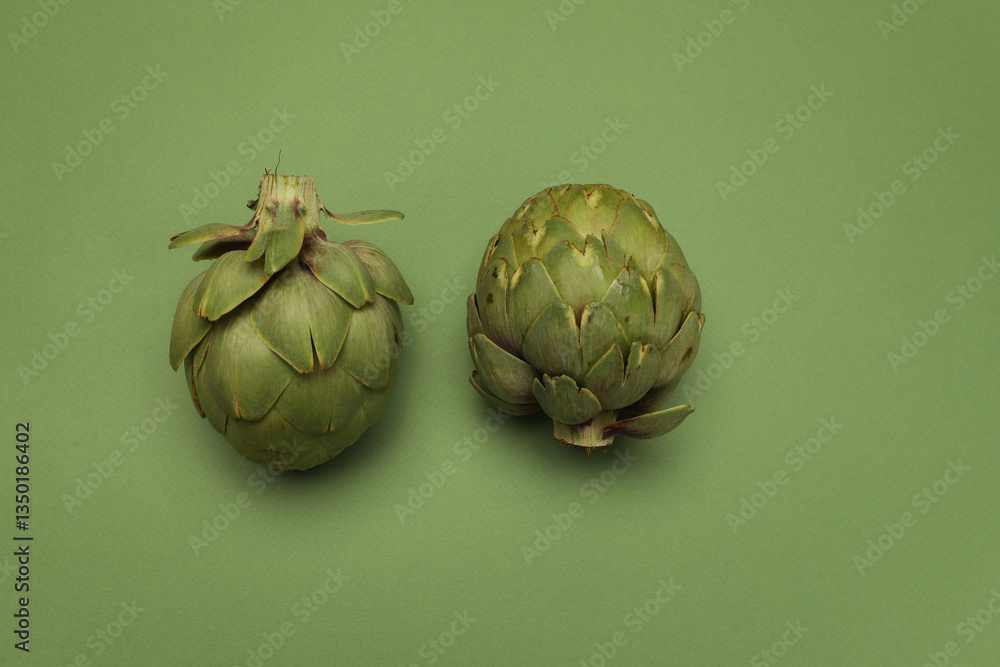 Fototapeta premium Fresh artichoke on green background. Two whole green artichokes mockup.
