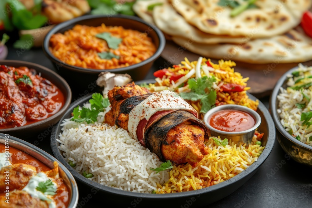 Indian Cuisine Platter with Chicken Tikka, Rice, and Naan Indian Cuisine Platter with Chicken Tikka, Rice, and Naan