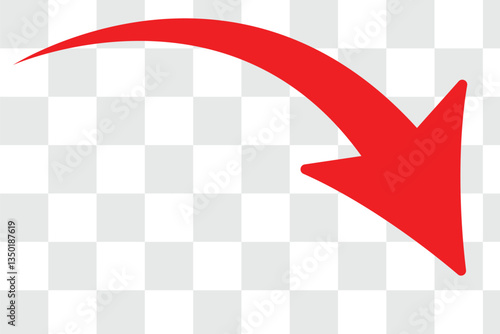 A simple, red, curved arrow pointing to the right and down on a white background. Direction symbol. Vector illustration. eps 10
