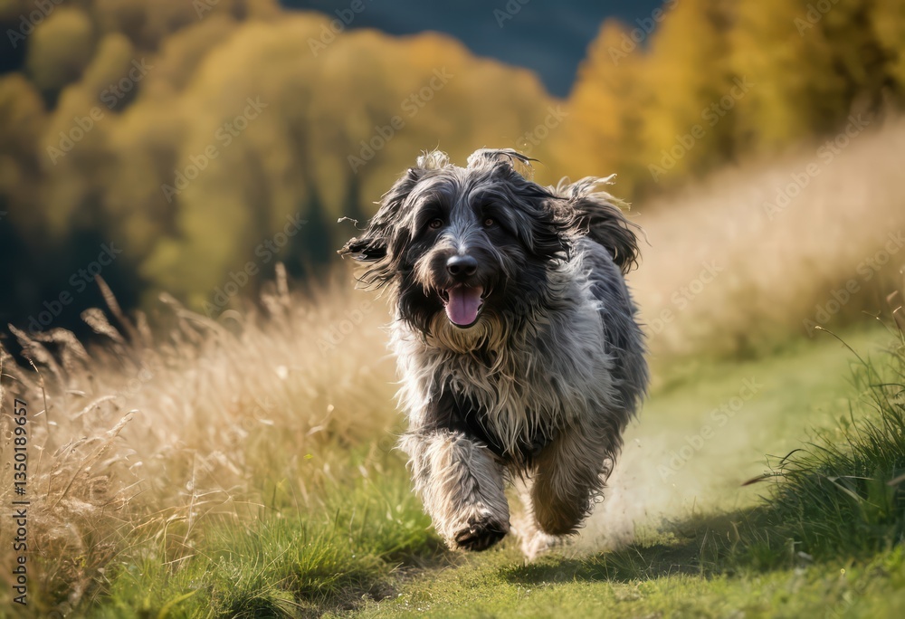 bergamasco shepherd dog, running in the countryside hills above italian lake, doggy sheepdog in the nature, shepherd in raw natural meadown bergamasco shepherd dog, running in the countryside hills above italian lake, doggy sheepdog in the nature, shepherd in raw natural meadown