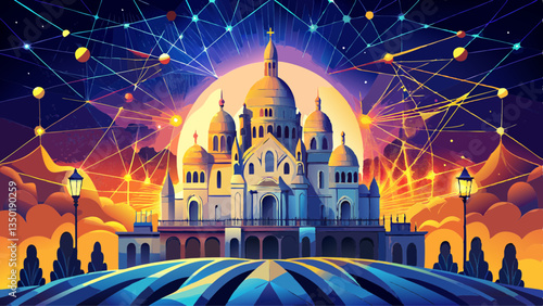 Sacre Coeur Basilica in Paris, France connected by a web of glowing networks under sunset sky