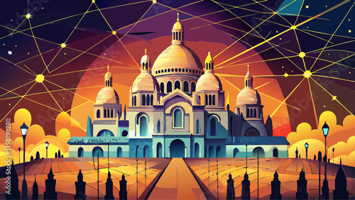 Sacre Coeur Basilica in Paris, France connected by a web of glowing networks under sunset sky