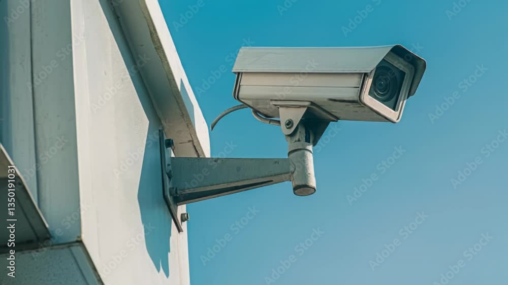 Outdoor security surveillance camera mounted on a building wall under a clear blue sky, symbolizing safety and monitoring. Outdoor security surveillance camera mounted on a building wall under a clear blue sky, symbolizing safety and monitoring.