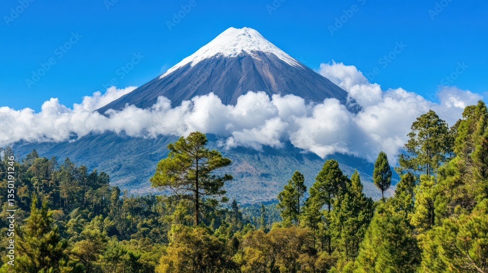 Obraz premium Snow-capped volcano majestic view, clouds, forest, sunny day, travel postcard