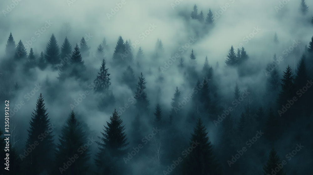 Mysterious dense fog envelops a lush forest creating an ethereal, enchanting ambiance for nature lovers Mysterious dense fog envelops a lush forest creating an ethereal, enchanting ambiance for nature lovers