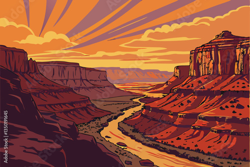 14 Majestic Grand Canyon sunset, winding river below, towering red rock cliffs, vibrant orange and purple sky, dramatic sunburst, expansive desert landscape, rugged terrain, natural wonder, epic panor