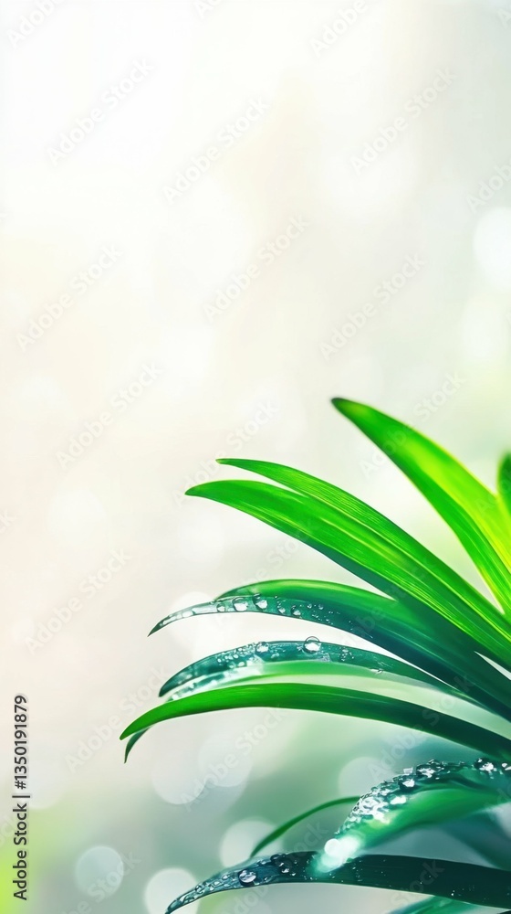 Obraz premium Dew-kissed green leaves in morning light for nature and wellness design